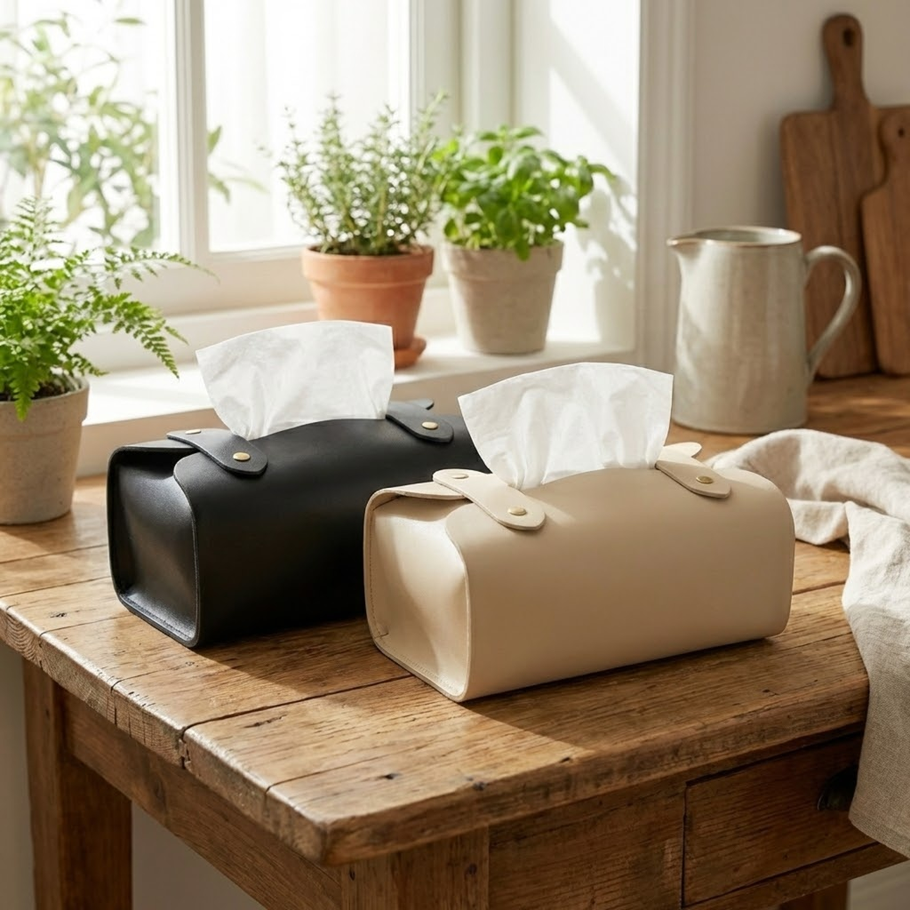 Tissue Box Cover – Pack of 2 | Black & Beige | PU Leather