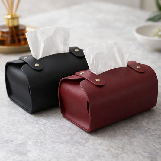 Tissue Box Cover – Pack of 2 | Black & Maroon | PU Leather