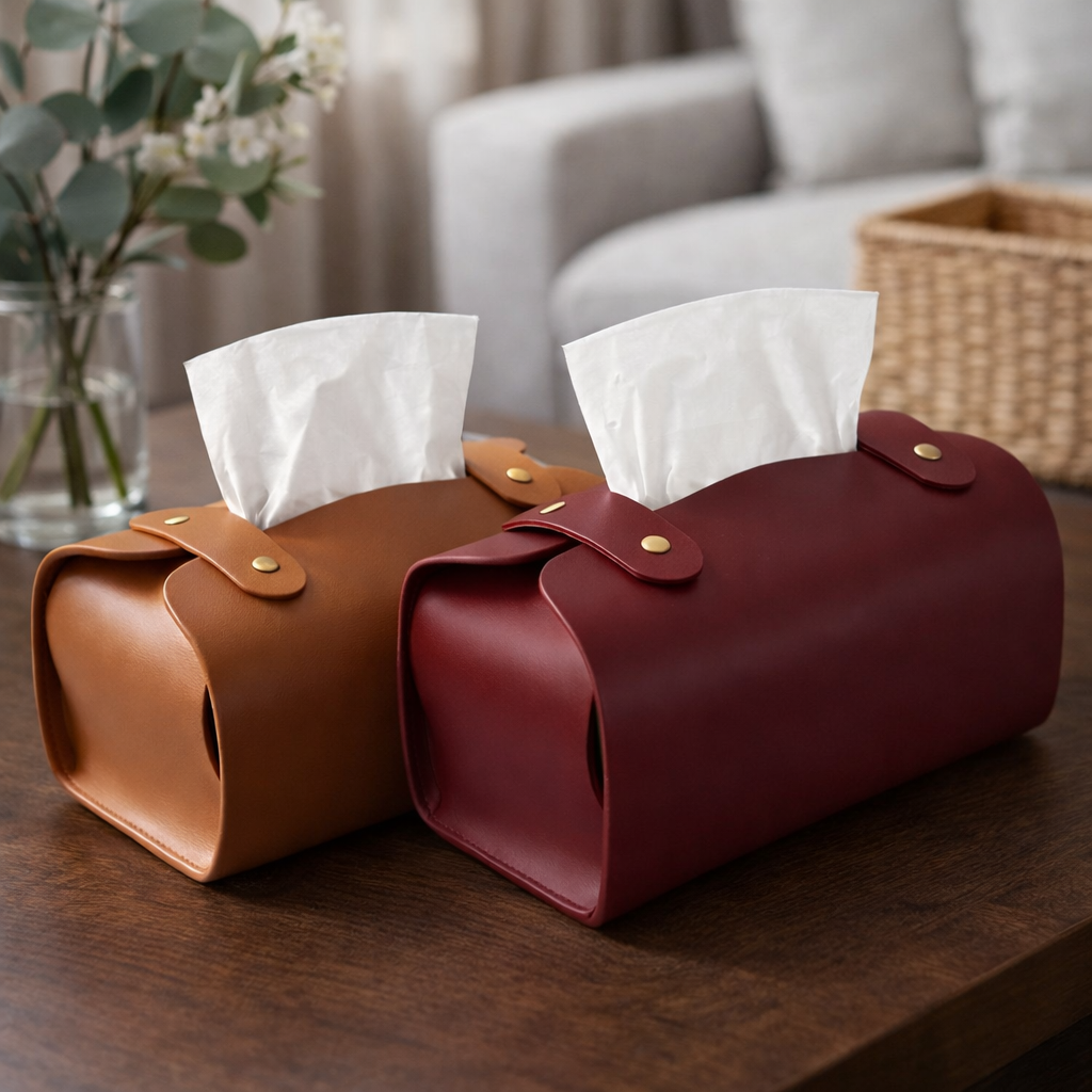 Tissue Box Cover – Pack of 2 | Maroon & Brown | PU Leather