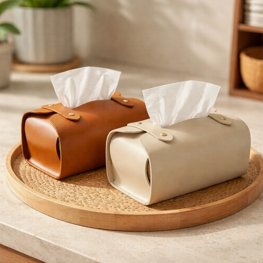 Tissue Box Cover – Pack of 2 | Beige & Brown | PU Leather