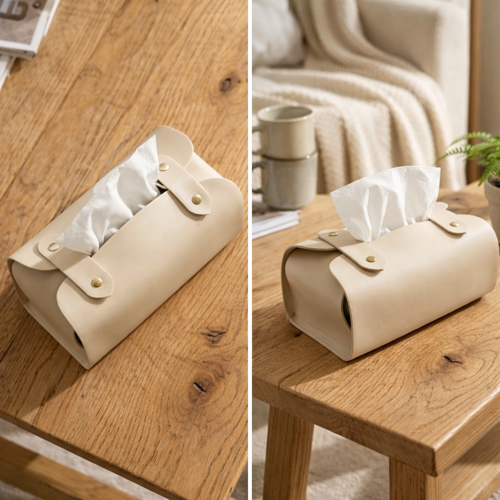 Tissue Box Cover – Pack of 2 | Beige & Brown | PU Leather