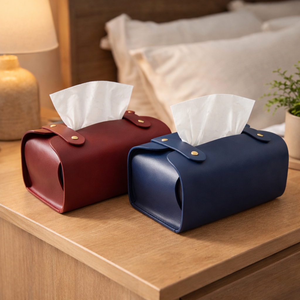 Tissue Box Cover – Pack of 2 | Maroon & Navy Blue | PU Leather