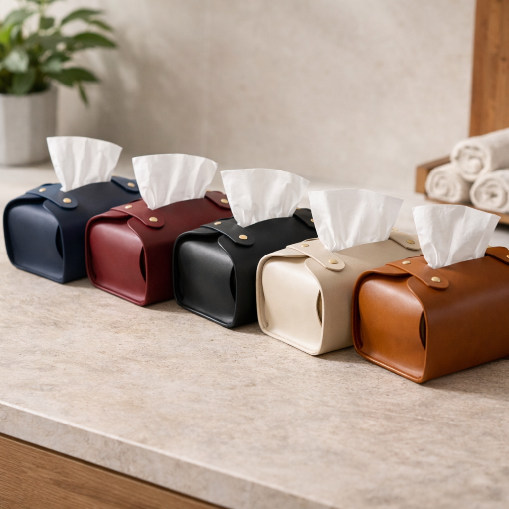Tissue Box Cover – Pack of 5 |Black, Brown, Navy Blue, & Maroon | PU Leather