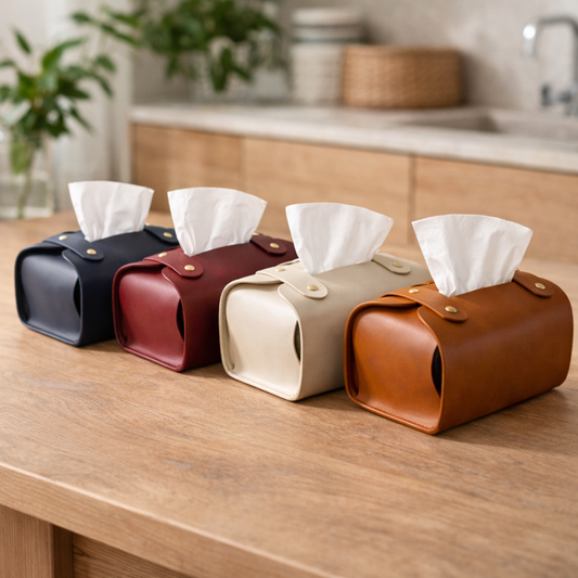 Tissue Box Cover – Pack of 4 | Brown, Beige, Navy Blue, & Maroon | PU Leather