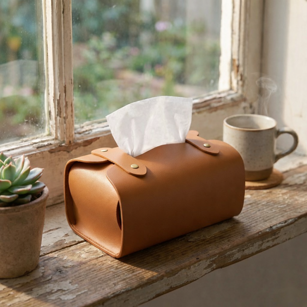 Tissue Box Cover – Pack of 4 | Brown, Beige, Navy Blue, & Maroon | PU Leather
