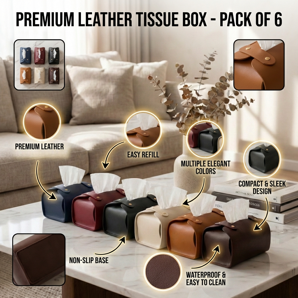 Tissue Box Cover – Pack of 6 |Black, light Brown, Dark Brown, Navy Blue, & Maroon | PU Leather