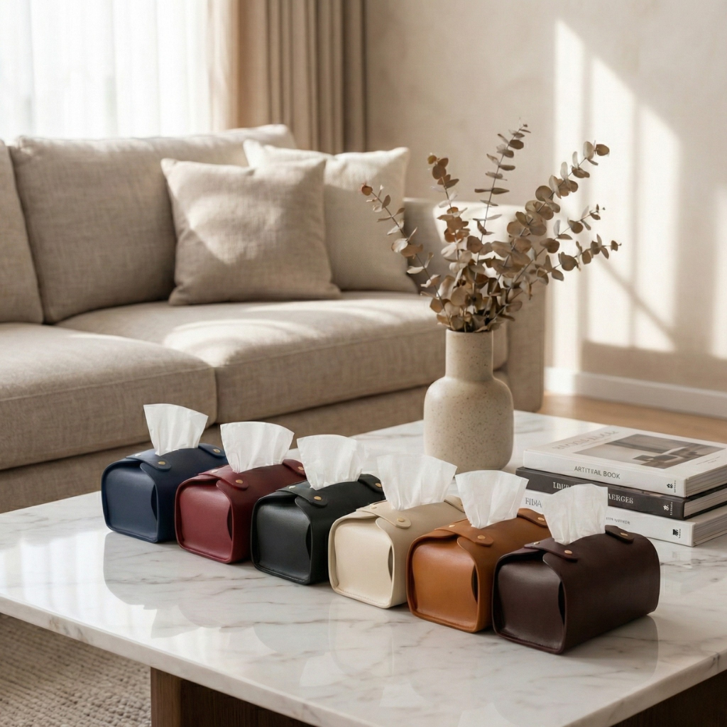 Tissue Box Cover – Pack of 6 |Black, light Brown, Dark Brown, Navy Blue, & Maroon | PU Leather