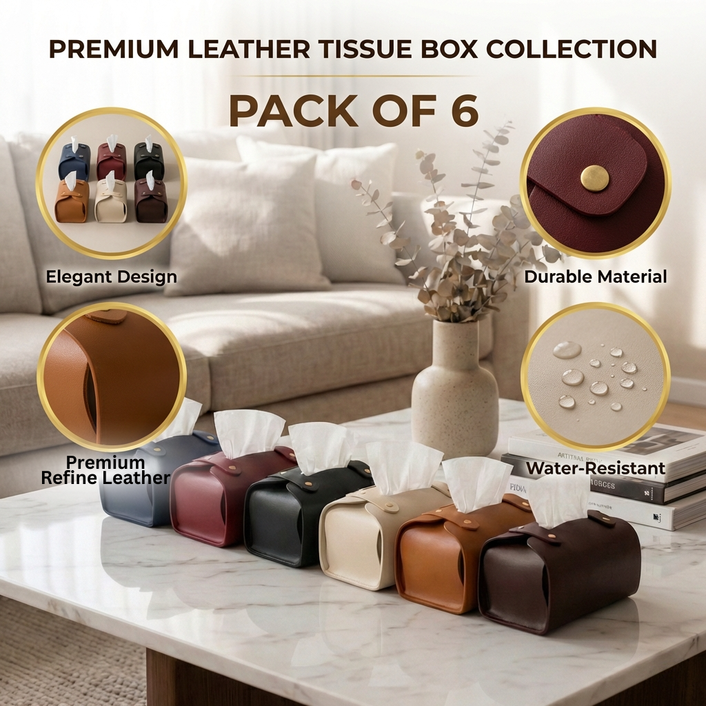 Tissue Box Cover – Pack of 6 |Black, light Brown, Dark Brown, Navy Blue, & Maroon | PU Leather